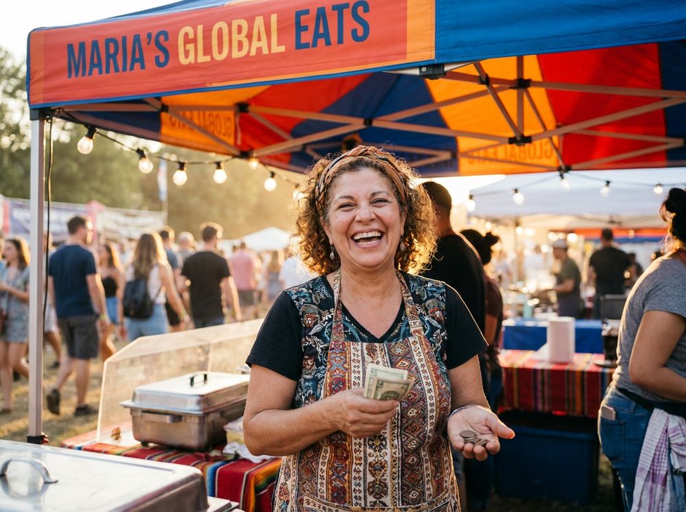 Happy food vendor holding cash